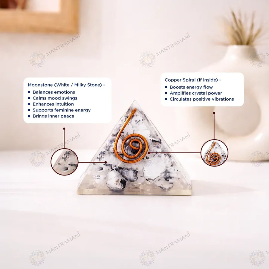 MantraMani® Moonstone Orgonite Pyramid – Emotional Balance, Intuition & Harmony Crystal
