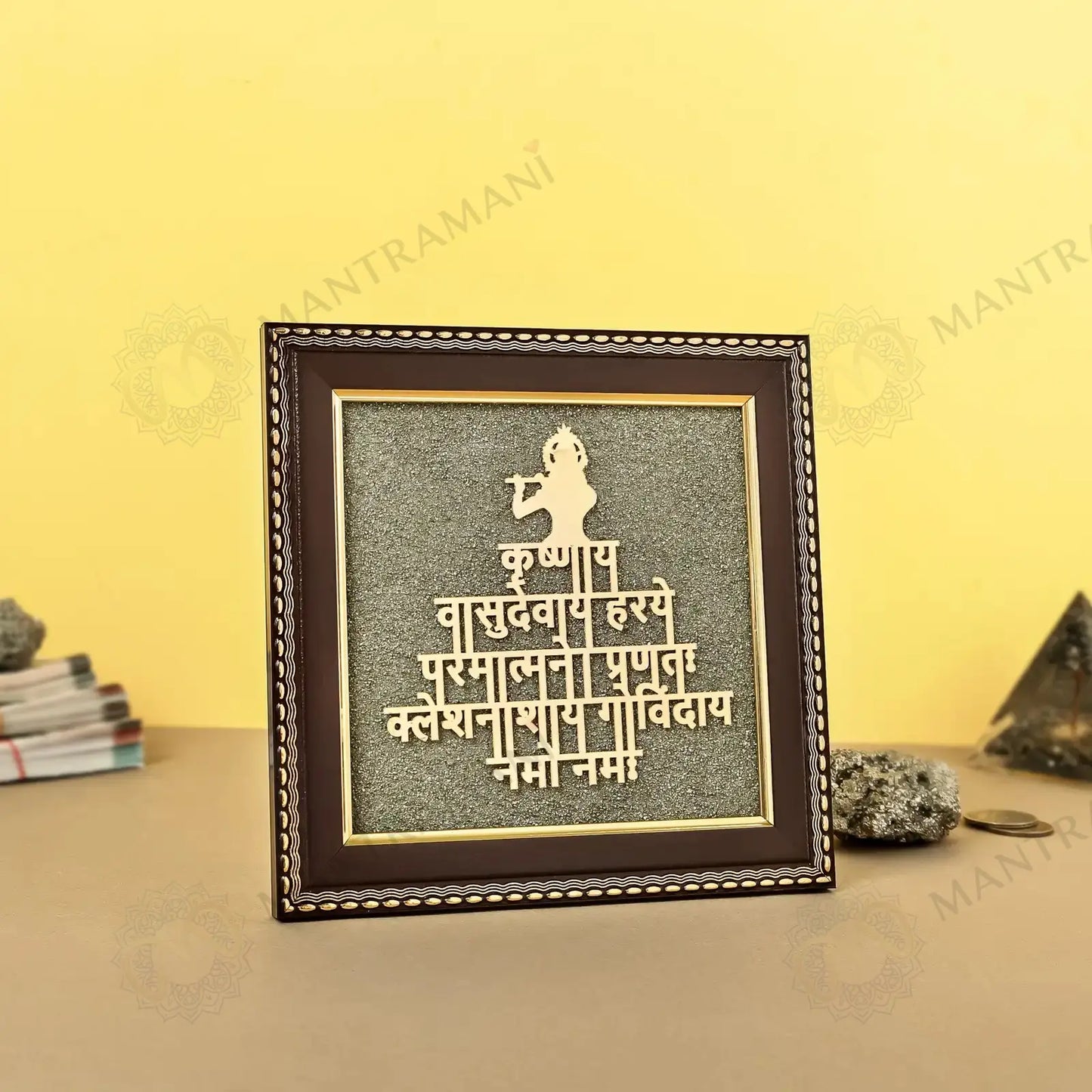 MantraMani® Lord Krishna Raw Pyrite Frame | Narayan Mantra for Peace & Joy