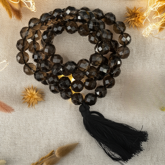 MantraMani® Smoky Quartz Diamond Cut Mala For Energizing and Grounding - MantraMani® Authentic Vedic Gemstone