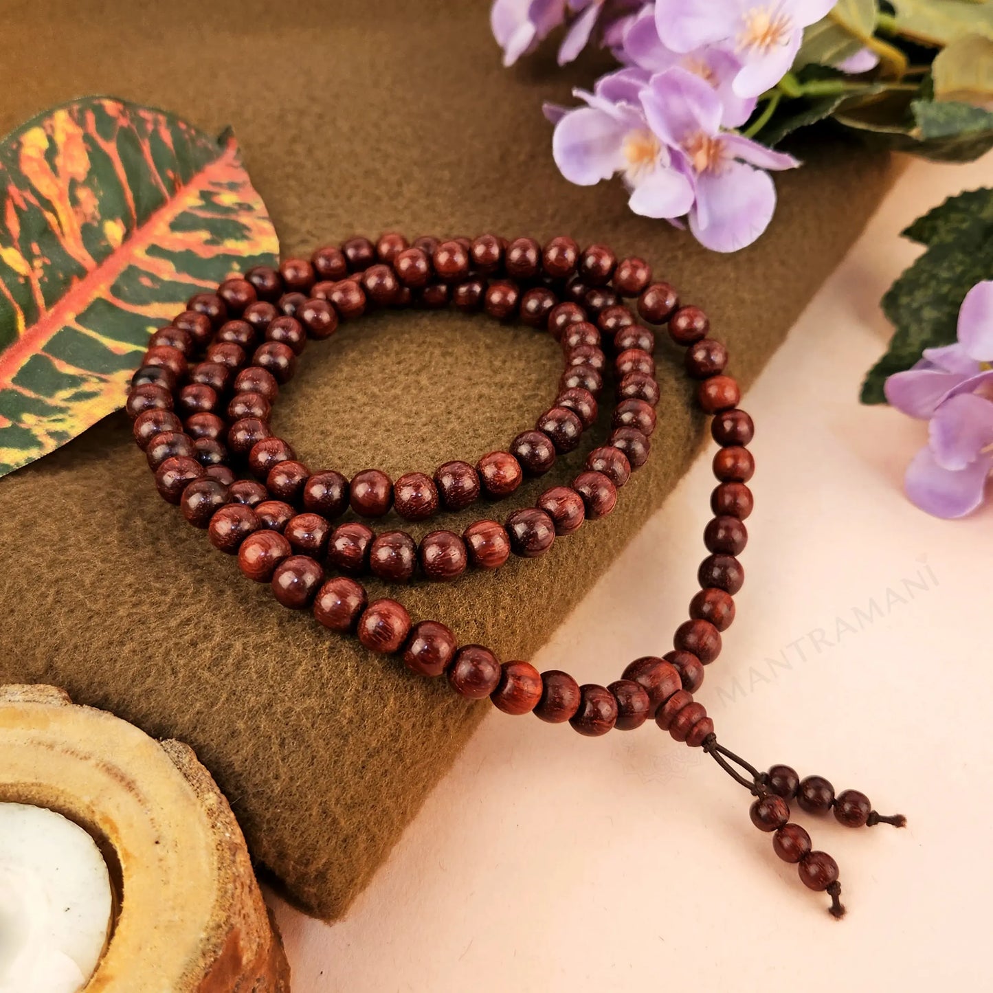 MantraMani® Red Sandalwood Beads Mala  | Plain Round Smooth Rakta Chandan  Mala |  6mm