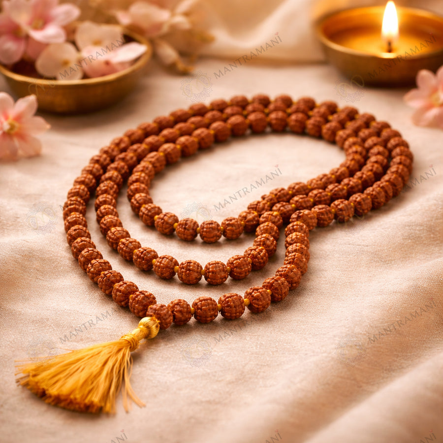 MantraMani® Rudraksha Jaap Mala — 108 + 1 Meru | 5 Mukhi Rudraksha (5mm) for Japa, Meditation & Spiritual Balance