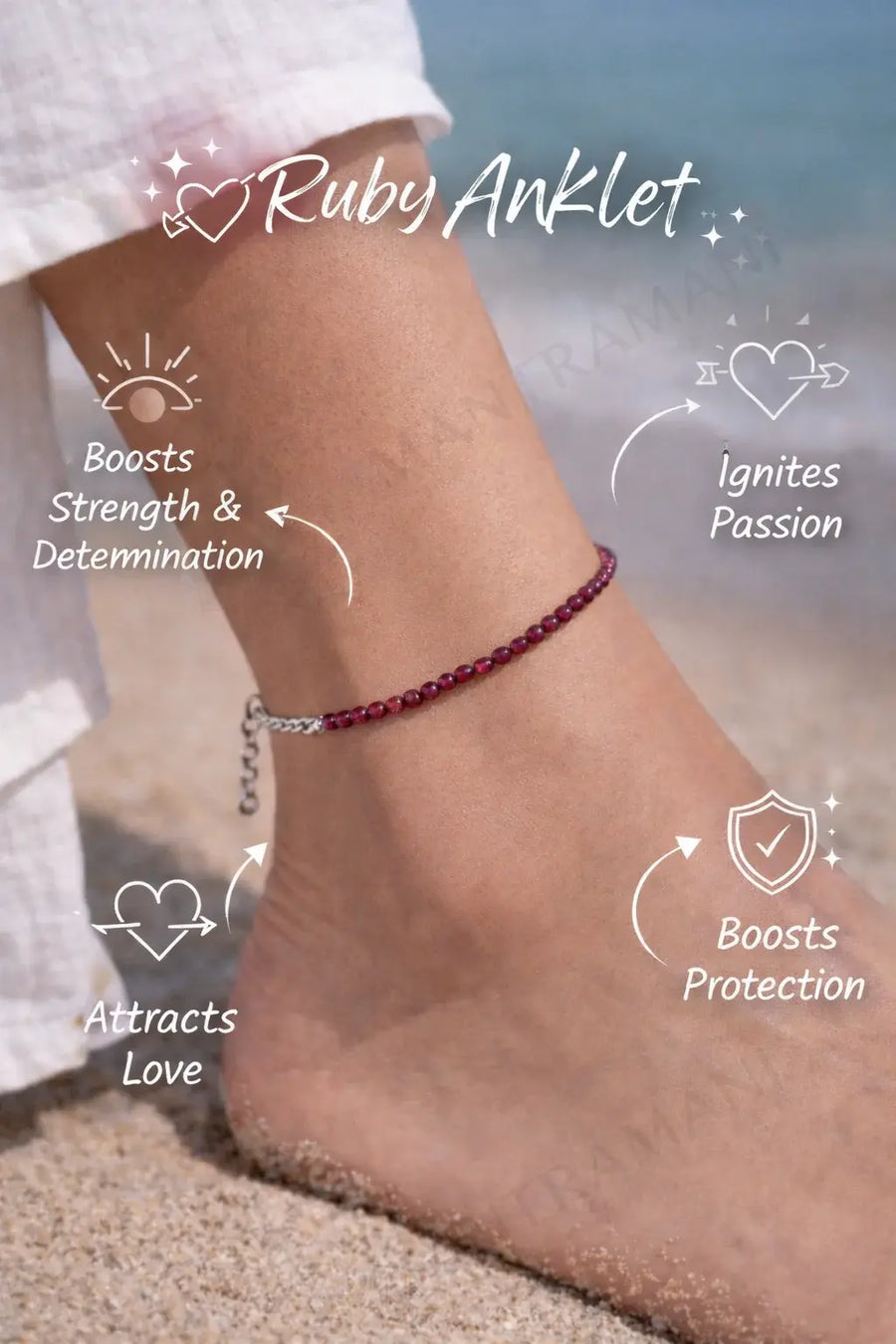 MantraMani® Radiance Ruby Anklet 3mm – For confidence, courage & inner fire