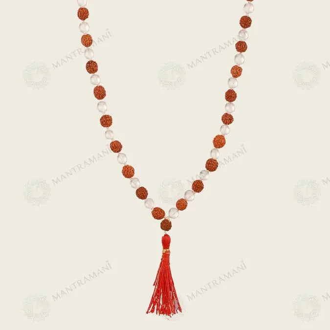 MantraMani® Rudraksha & Clear Quartz (Rudraksha, Sphatik) – Mala | Spiritual Protection & Clarity | Shiva Healing