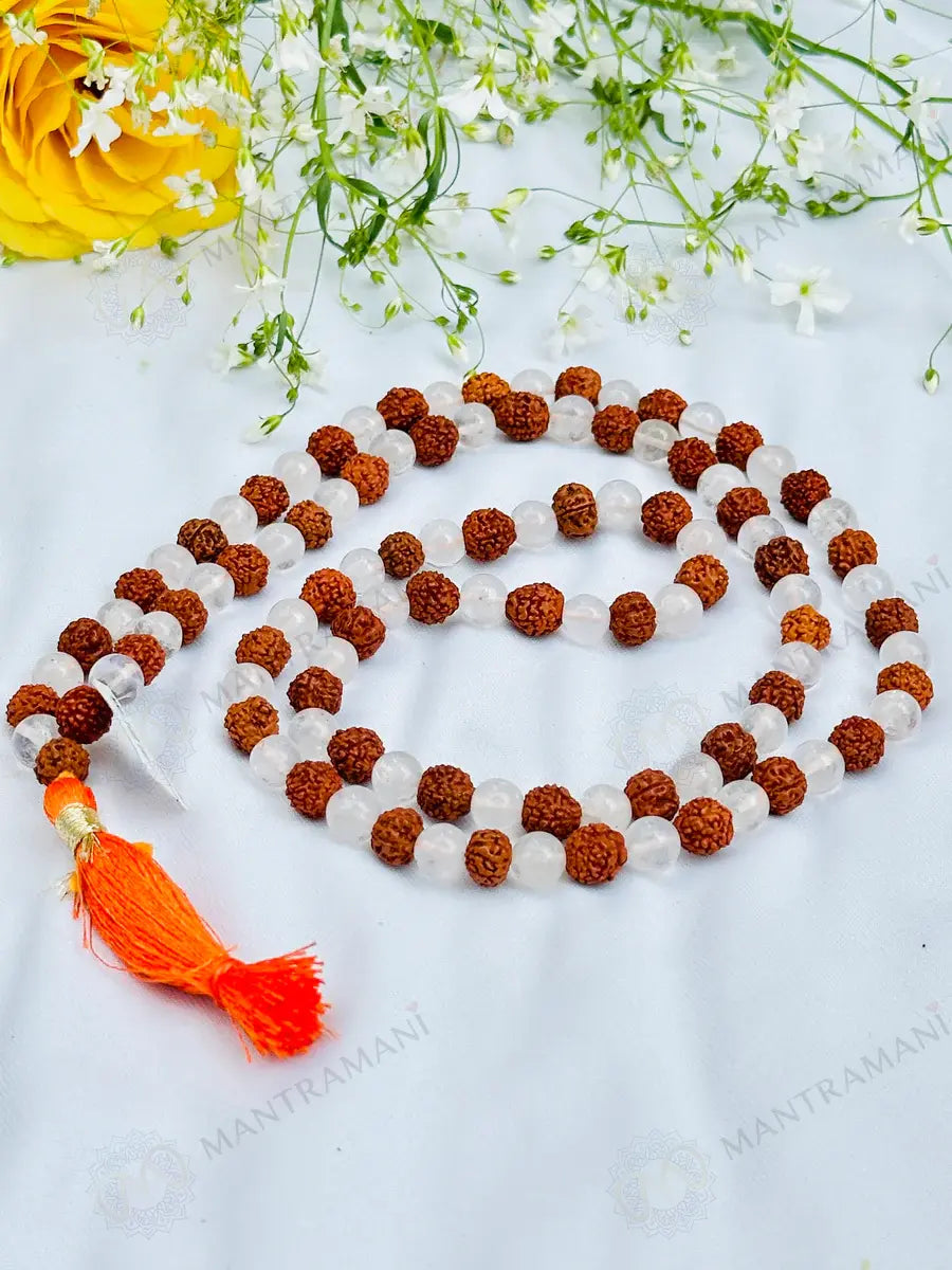 MantraMani® Rudraksha & Clear Quartz (Rudraksha, Sphatik) – Mala | Spiritual Protection & Clarity | Shiva Healing