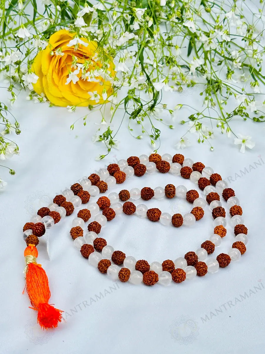 MantraMani® Rudraksha & Clear Quartz (Rudraksha, Sphatik) – Mala | Spiritual Protection & Clarity | Shiva Healing