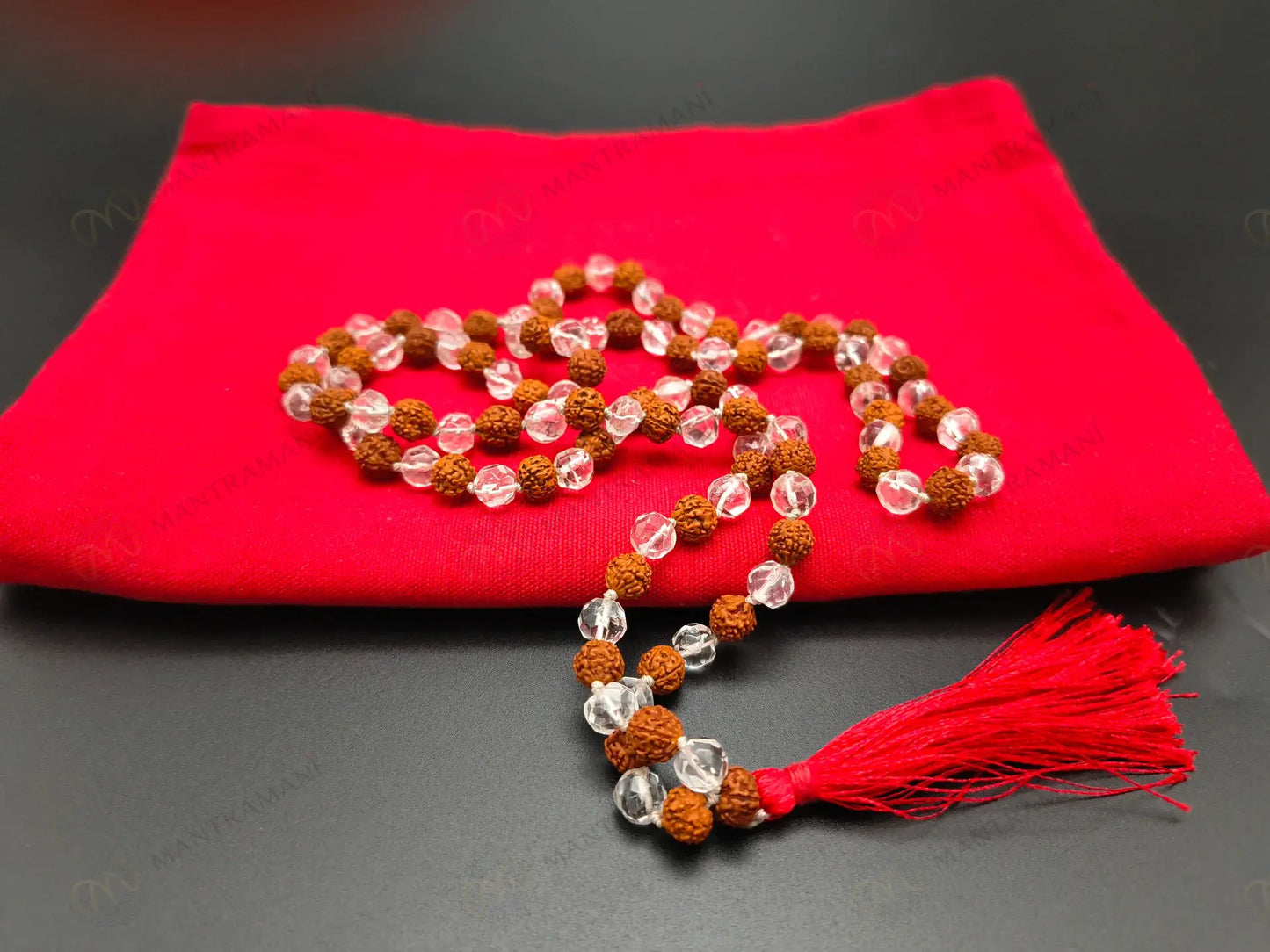 MantraMani® Rudraksha & Clear Quartz (Rudraksha, Sphatik) – Mala | Spiritual Protection & Clarity | Shiva Healing