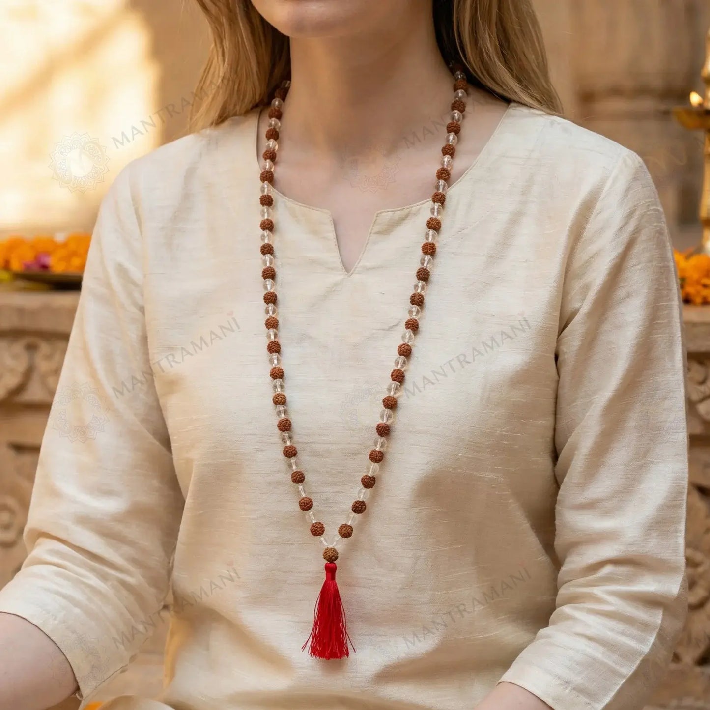 MantraMani® Rudraksha & Clear Quartz (Rudraksha, Sphatik) – Mala | Spiritual Protection & Clarity | Shiva Healing
