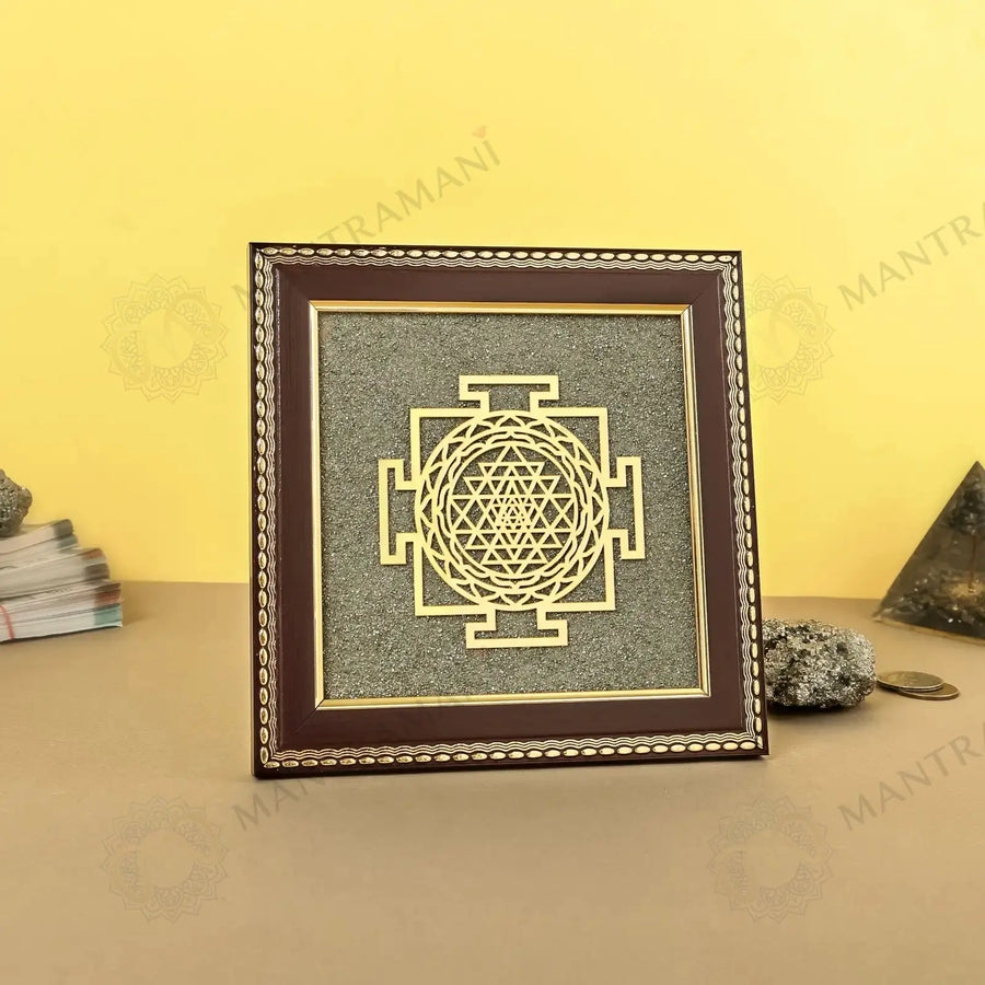 MantraMani® Shree Yantra Raw Pyrite Frame for Wealth Manifestation with FREE Raw Pyrite Stone