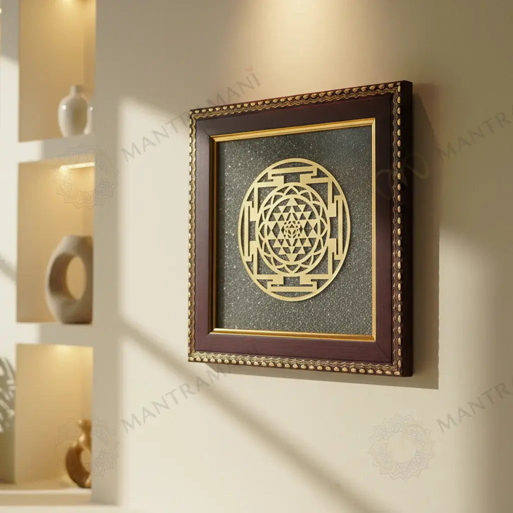 MantraMani® Shree Yantra Raw Pyrite Frame for Wealth Manifestation with FREE Raw Pyrite Stone