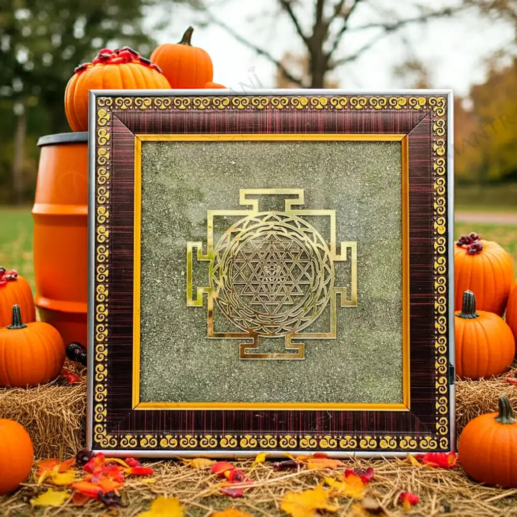 MantraMani® Shree Yantra Raw Pyrite Frame for Wealth Manifestation with FREE Raw Pyrite Stone