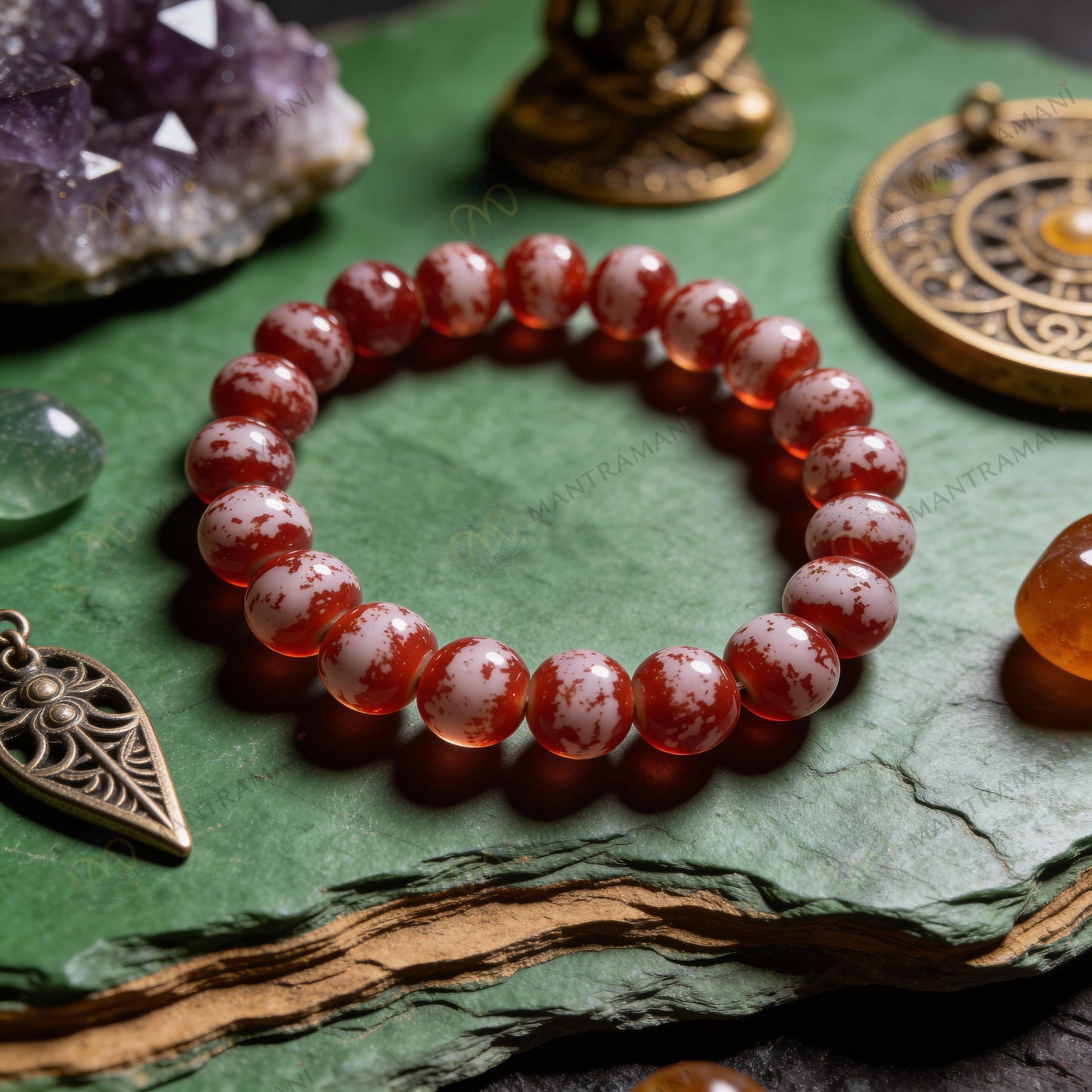 MantraMani® Seraphine Snow – Burmese Fire Agate Bracelet for Love, Passion, Romance, Heartbreak Healing & Aura Elevation (Women)