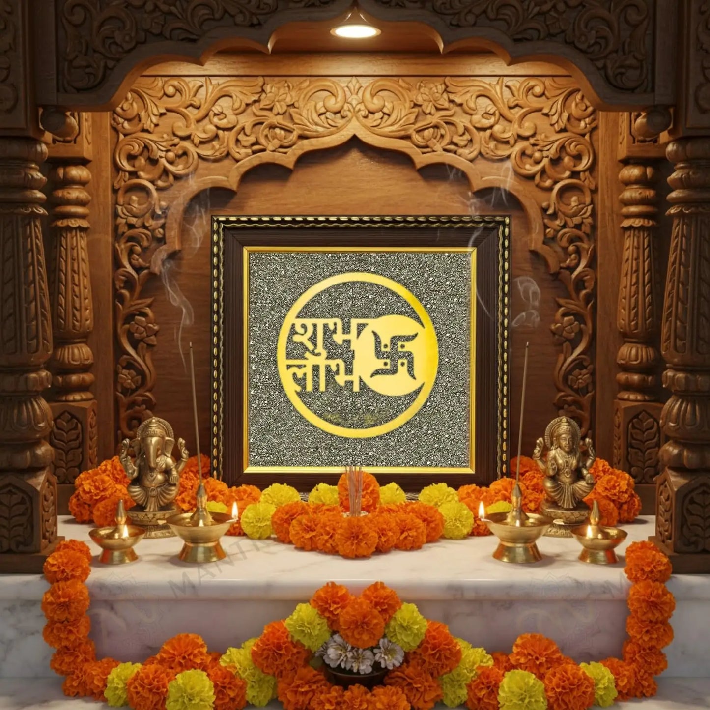 MantraMani® Shubh Labh Raw Pyrite Frame | Swastika Symbol for Prosperity