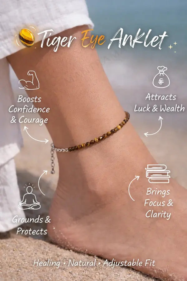 MantraMani® Tigers Eye Anklet- Confidence, Success, Protection, Power, Education and Career