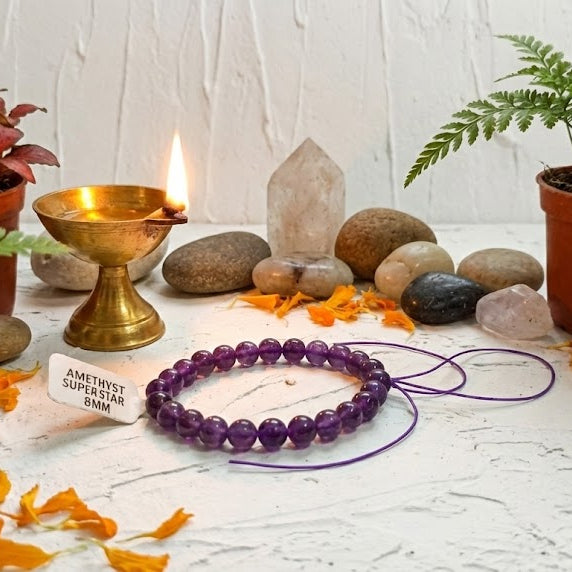 MantraMani® Super Amethyst Natural Stone Bracelet (Exclusive) — Stress Relief • Mental Calm • Aura Cleansing | 100% Natural Stone
